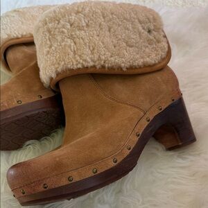 UGG Chestnut Suede Shearling Clog Mules